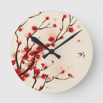 Oriental Style Painting  Plum Blossom In Spring 2 Round Clock by watercoloring at Zazzle