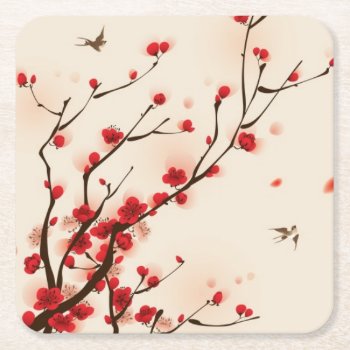 Oriental Style Painting  Plum Blossom In Spring 2 Square Paper Coaster by watercoloring at Zazzle