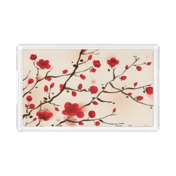 Oriental Style Painting  Plum Blossom In Spring Acrylic Tray by watercoloring at Zazzle