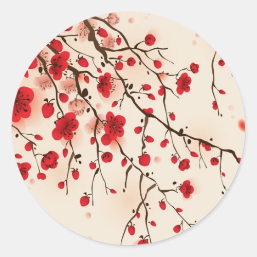 Oriental style painting plum blossom in spring classic round sticker