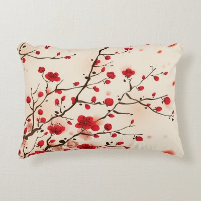 Cherry Blossoms Red Black White Monogram Decorative Pillow