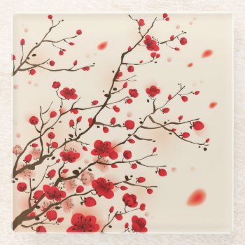 Oriental Style Painting  Plum Blossom In Spring Glass Coaster by watercoloring at Zazzle