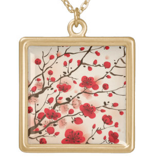 Oriental style painting, plum blossom in spring gold plated necklace
