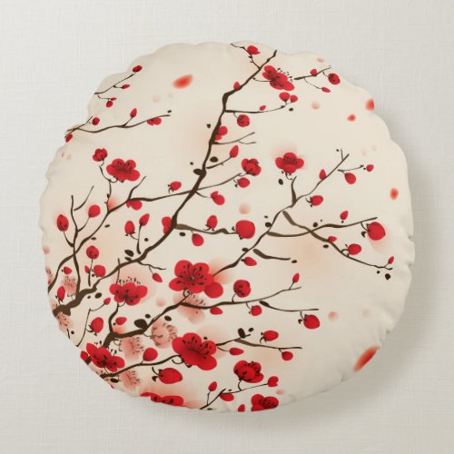 Oriental style painting plum blossom in spring round pillow