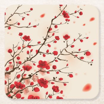 Oriental Style Painting  Plum Blossom In Spring Square Paper Coaster by watercoloring at Zazzle