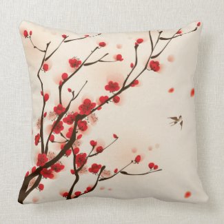 Oriental Style Painting Plum Blossom in Spring Throw Pillow