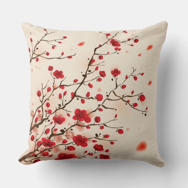 Oriental style painting, plum blossom in spring throw pillow (Front)