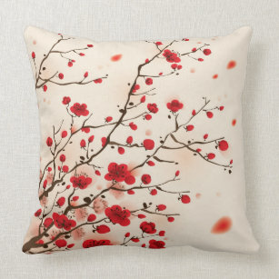 Oriental style painting, plum blossom in spring throw pillow