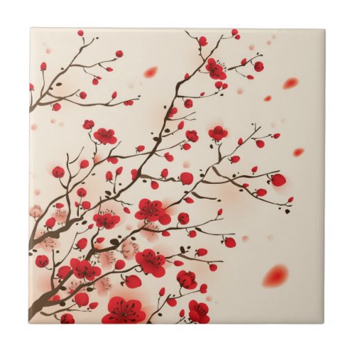 Oriental style painting plum blossom in spring tile