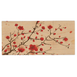 Oriental style painting, plum blossom in spring wood USB flash drive