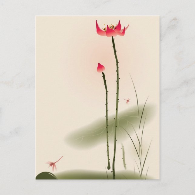 Oriental style painting, tall Lotus Postcard (Front)