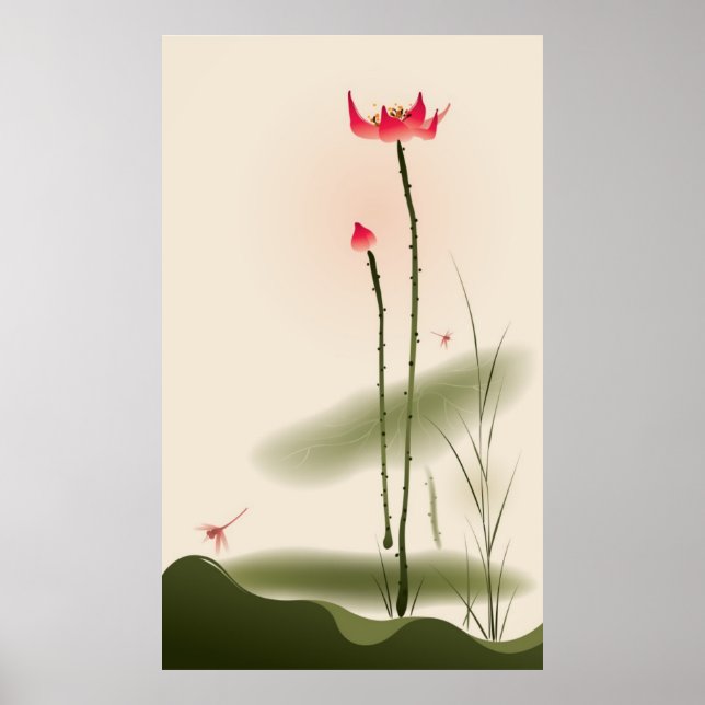 Oriental style painting, tall Lotus Poster (Front)