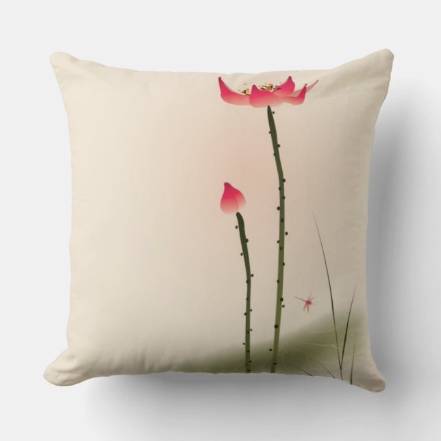 Oriental style painting, tall Lotus Throw Pillow (Front)