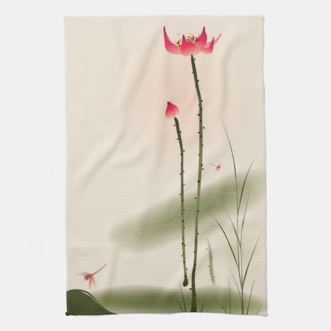 Oriental style painting, tall Lotus Towel (Vertical)