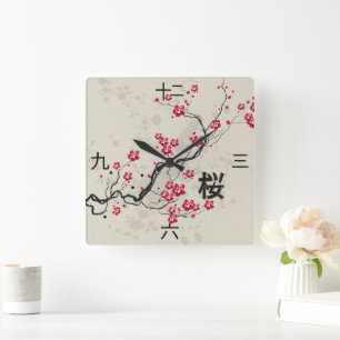 Oriental Style Sakura art with kanji numbers Square Wall Clock