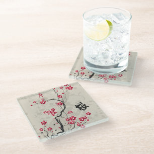 Oriental Style Sakura Cherry Blossom Art Glass Coaster