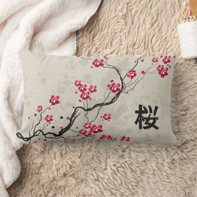 Oriental Style Sakura Cherry Blossom Art Lumbar Pillow (Blanket)