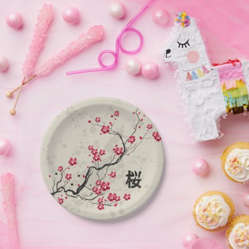 Oriental Style Sakura Cherry Blossom Art Paper Plates