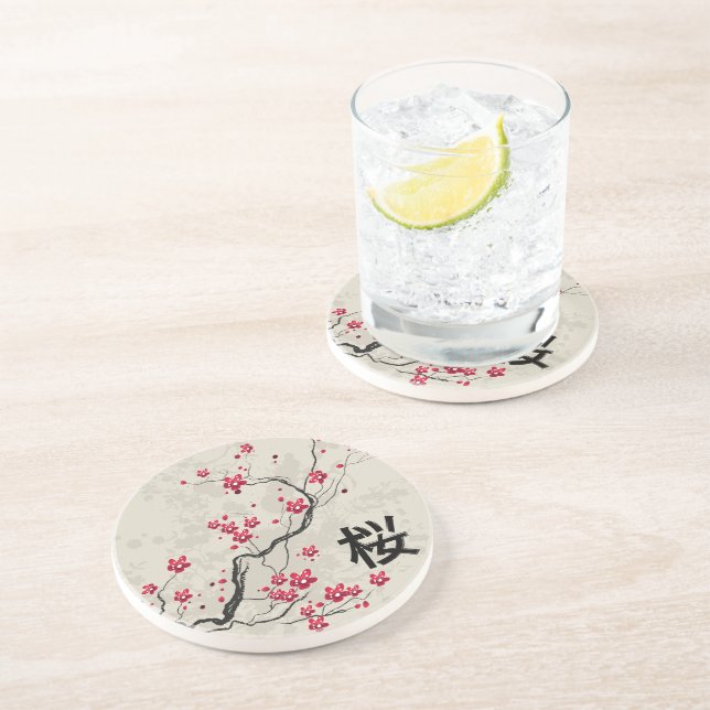 Oriental Style Sakura Cherry Blossom Art Sandstone Coaster (Side)