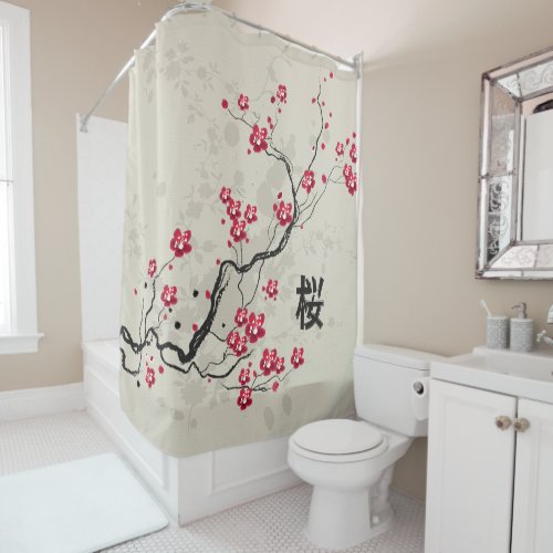 Oriental Style Sakura Cherry Blossom Art Shower Curtain