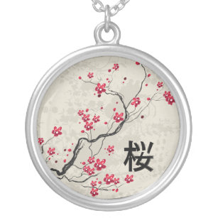 Necklace Sakura Cherry Blossom Pink on Black Japanese Motif 