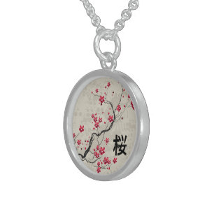 Oriental Style Sakura Cherry Blossom Art Sterling Silver Necklace