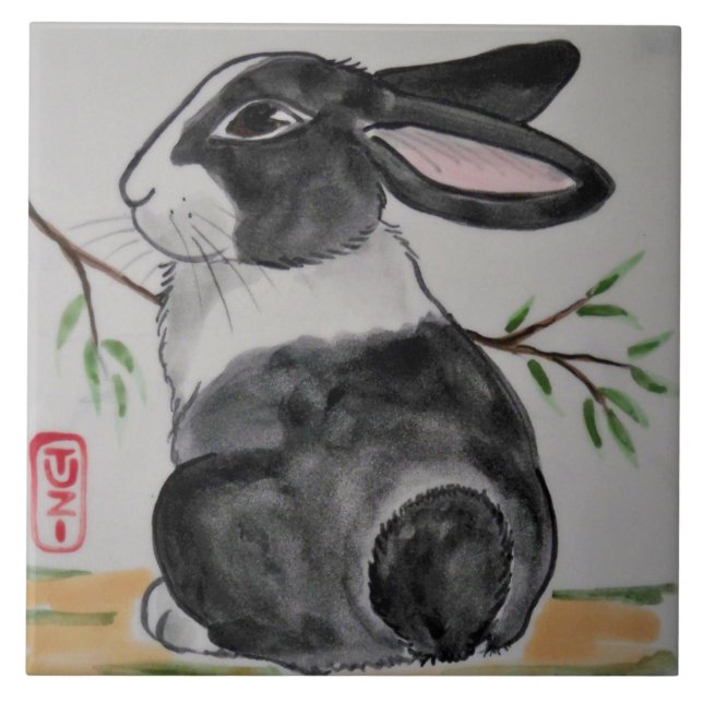 Oriental Style TUZI Dutch Rabbit 6" Tile Trivet (Front)