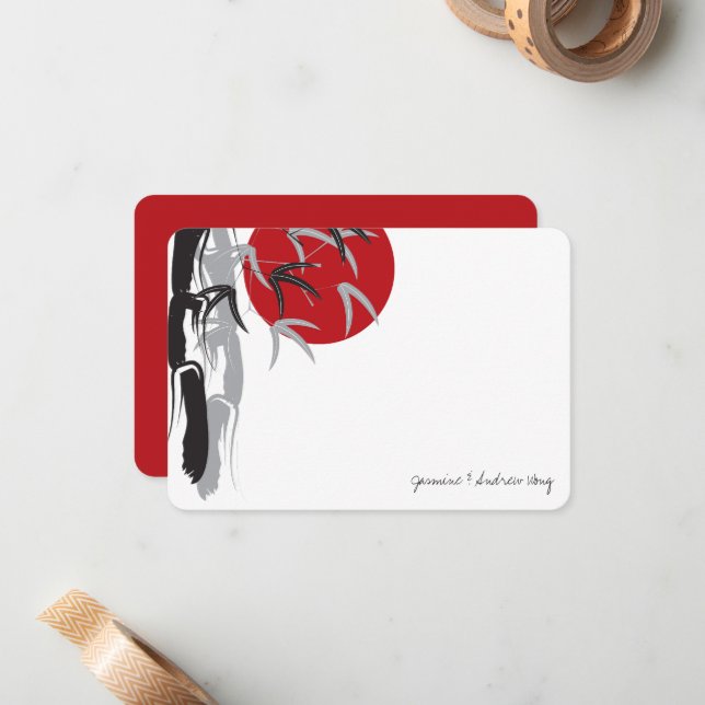 Oriental Sunrise Bamboo Garden Wedding Thank You Note Card (Front/Back In Situ)