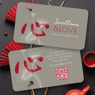 Oriental Swallows Birds & Red Chinese Heart Floral Business Card