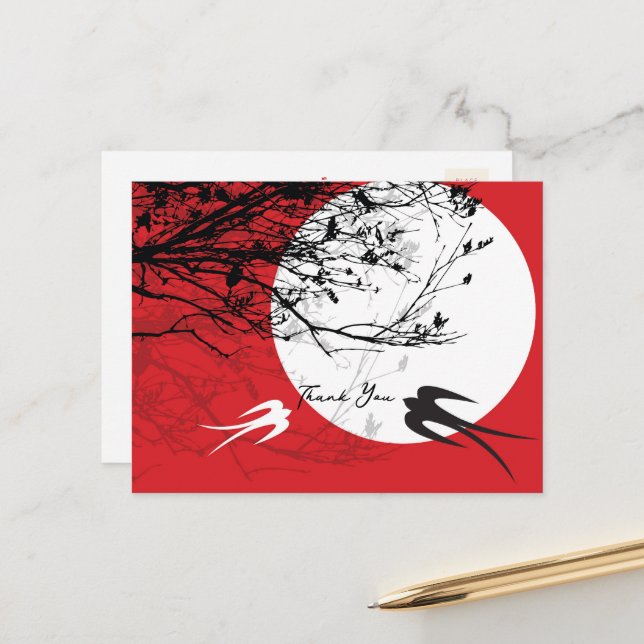 Oriental Swallows in Moonlight Asian Zen Thank You Postcard (Front/Back In Situ)