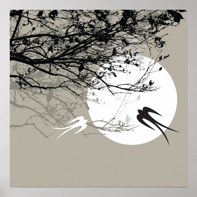 Oriental Swallows in Moonlight Zen Gray Poster (Front)