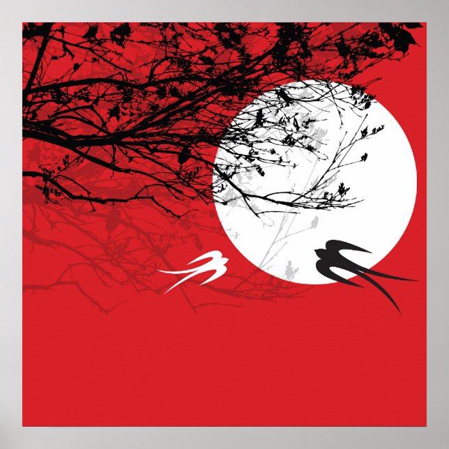 Oriental Swallows in Moonlight Zen Red Poster (Front)