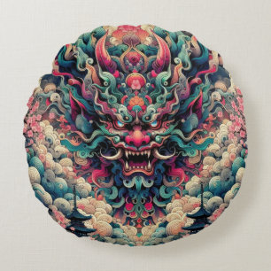 Oriental symetrical abstract Oni demon face tattoo Round Pillow