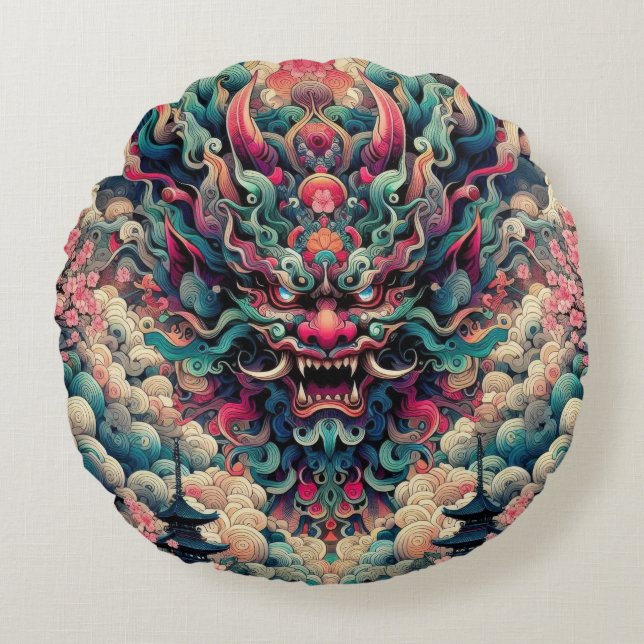 Oriental symetrical abstract Oni demon face tattoo Round Pillow (Front)