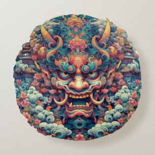 Oriental symetrical abstract Oni demon face tattoo Round Pillow
