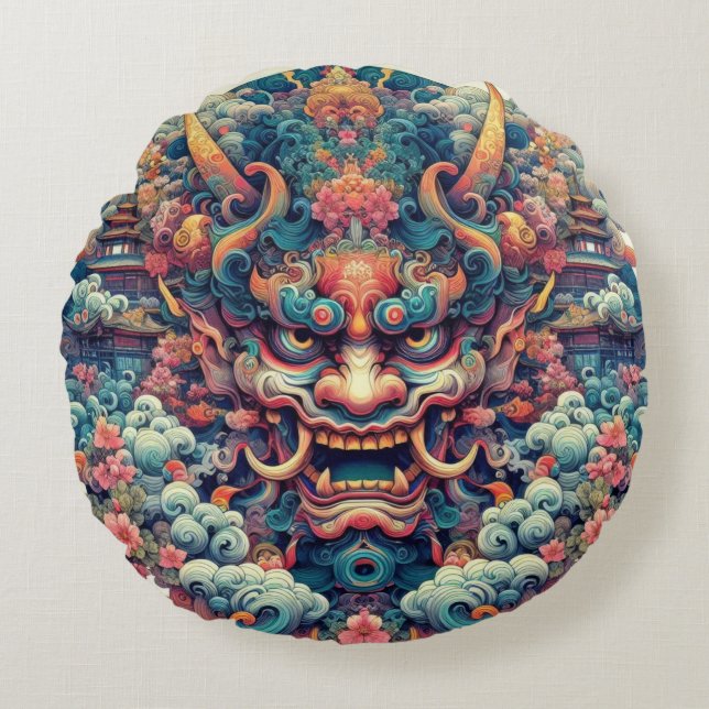 Oriental symetrical abstract Oni demon face tattoo Round Pillow (Front)