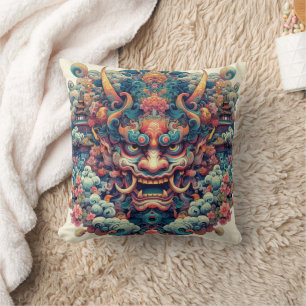 Oriental symetrical abstract Oni demon face tattoo Throw Pillow