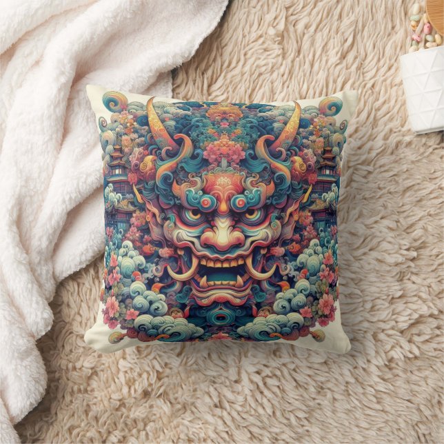 Oriental symetrical abstract Oni demon face tattoo Throw Pillow (Blanket)