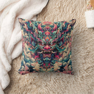 Oriental symetrical abstract Oni demon face tattoo Throw Pillow