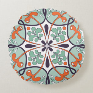 Oriental traditional floral ornament, Moroccan til Round Pillow