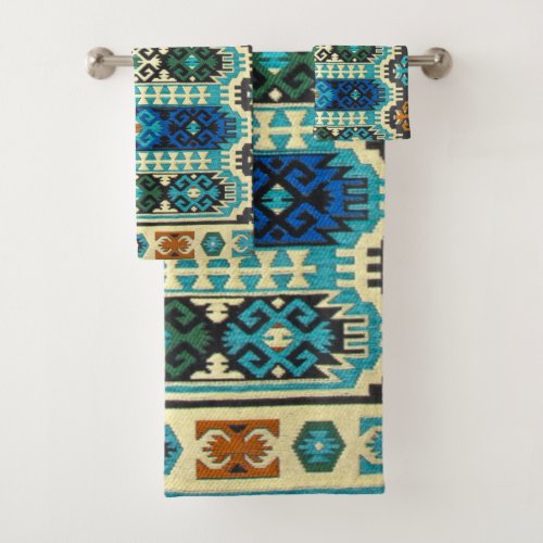 Oriental Turkish Persian Carpet Blue Green Bath Towel Set