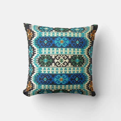 Oriental Turkish Persian Carpet Blue Green Throw Pillow