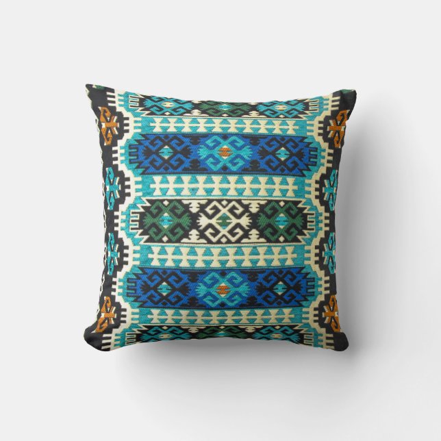 Oriental Turkish Persian Carpet Blue Green Throw Pillow (Front)