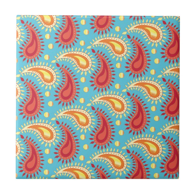 Oriental Turquoise Orange Persian Paisley Pattern Ceramic Tile (Front)