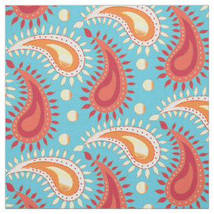 Oriental Turquoise Orange Persian Paisley Pattern Fabric