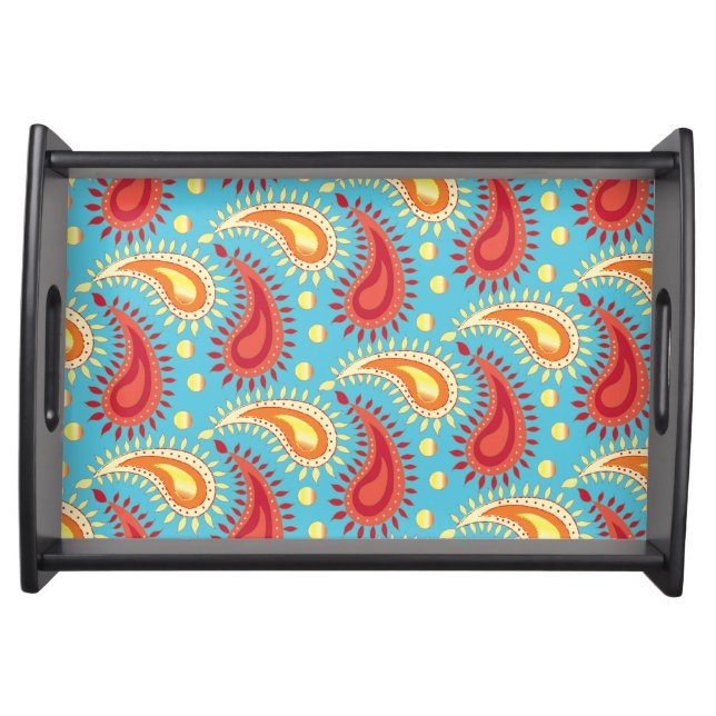 Oriental Turquoise Orange Persian Paisley Pattern Serving Tray (Front)