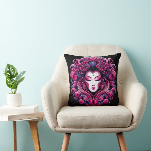 Oriental vector abstract Geisha fractal pink waves Throw Pillow (Chair)