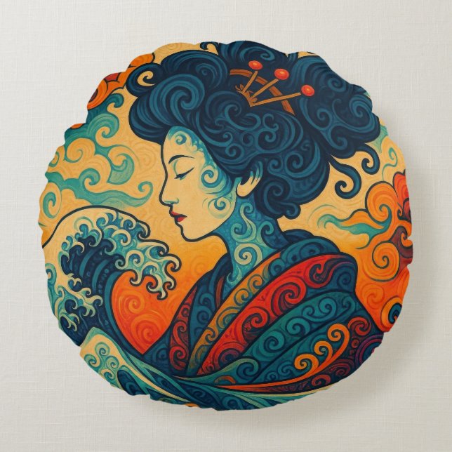 Oriental vector abstract Geisha Kanagawa waves Round Pillow (Front)