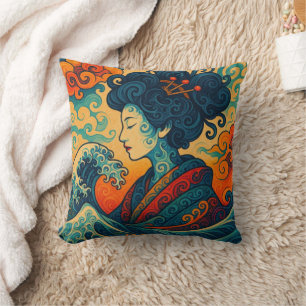 Oriental vector abstract Geisha Kanagawa waves Throw Pillow