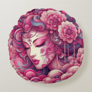 Oriental vector abstract Geisha pink fractal waves Round Pillow